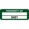 Lustre-Cal Property ID Label PROPERTY OF Polyester Green 2in x 0.75in 1 Blank Pad&Serialized 0401-0500,100PK 253744Pe2G0401